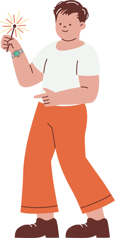 Batch, in a white tee and orange trousers, holding a sparkler