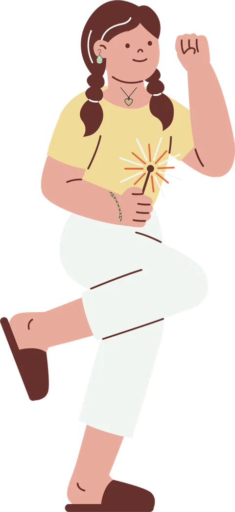 Olivia, in a yellow top and white trousers, holding a sparkler